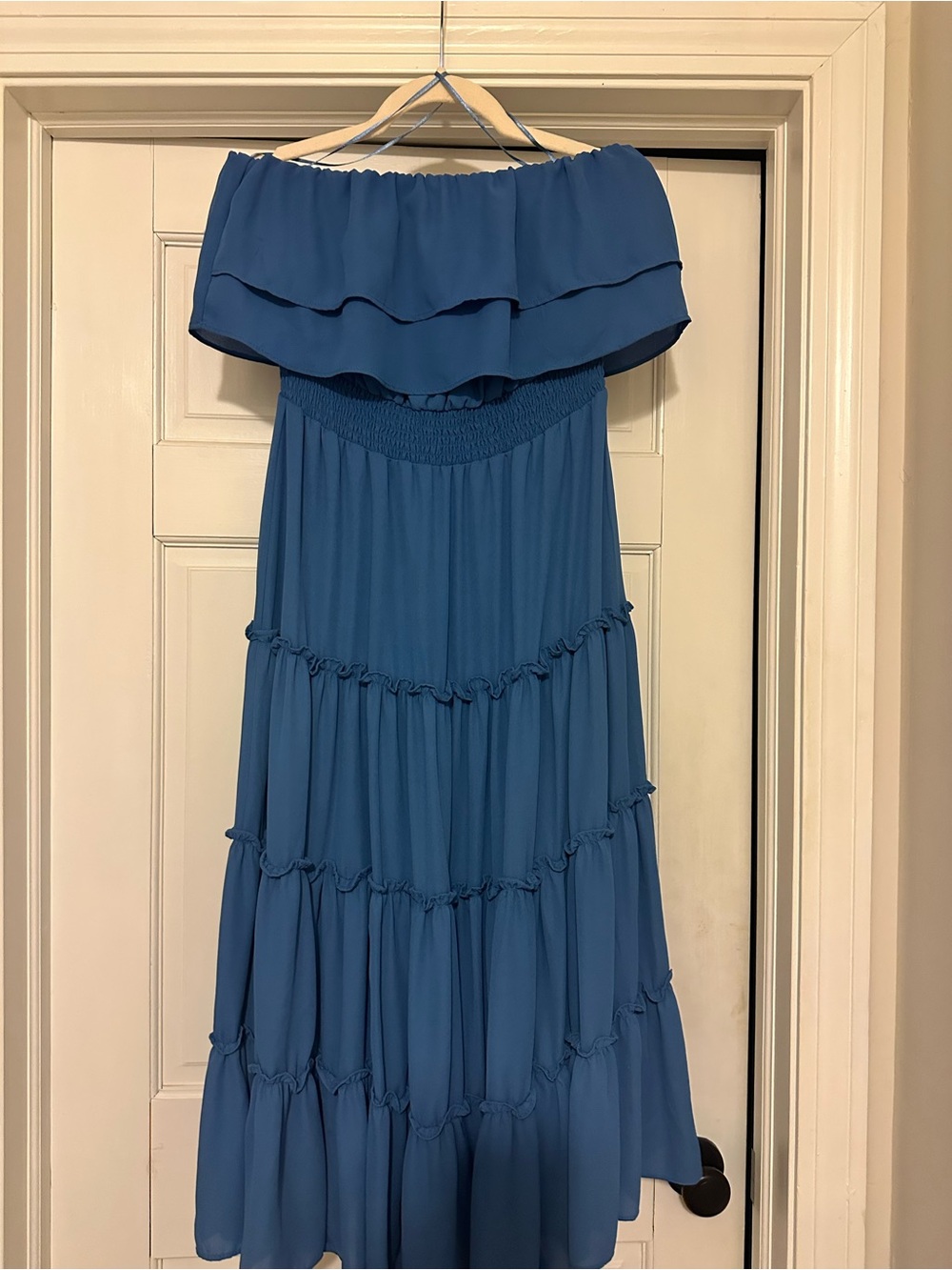 1. State Strapless Ruffled Tiered Maxi Dress in Teal Blue
